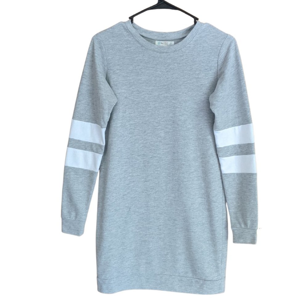 Cozy Long-Sleeved Sweatshirt Dress | Grey | White Striped Sleeves | Size: XS